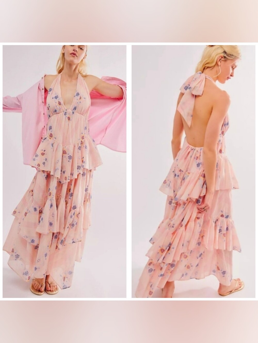 NEW Free People Stop Time Floral Halter Tiered Ruffle Dress Size M Feminine